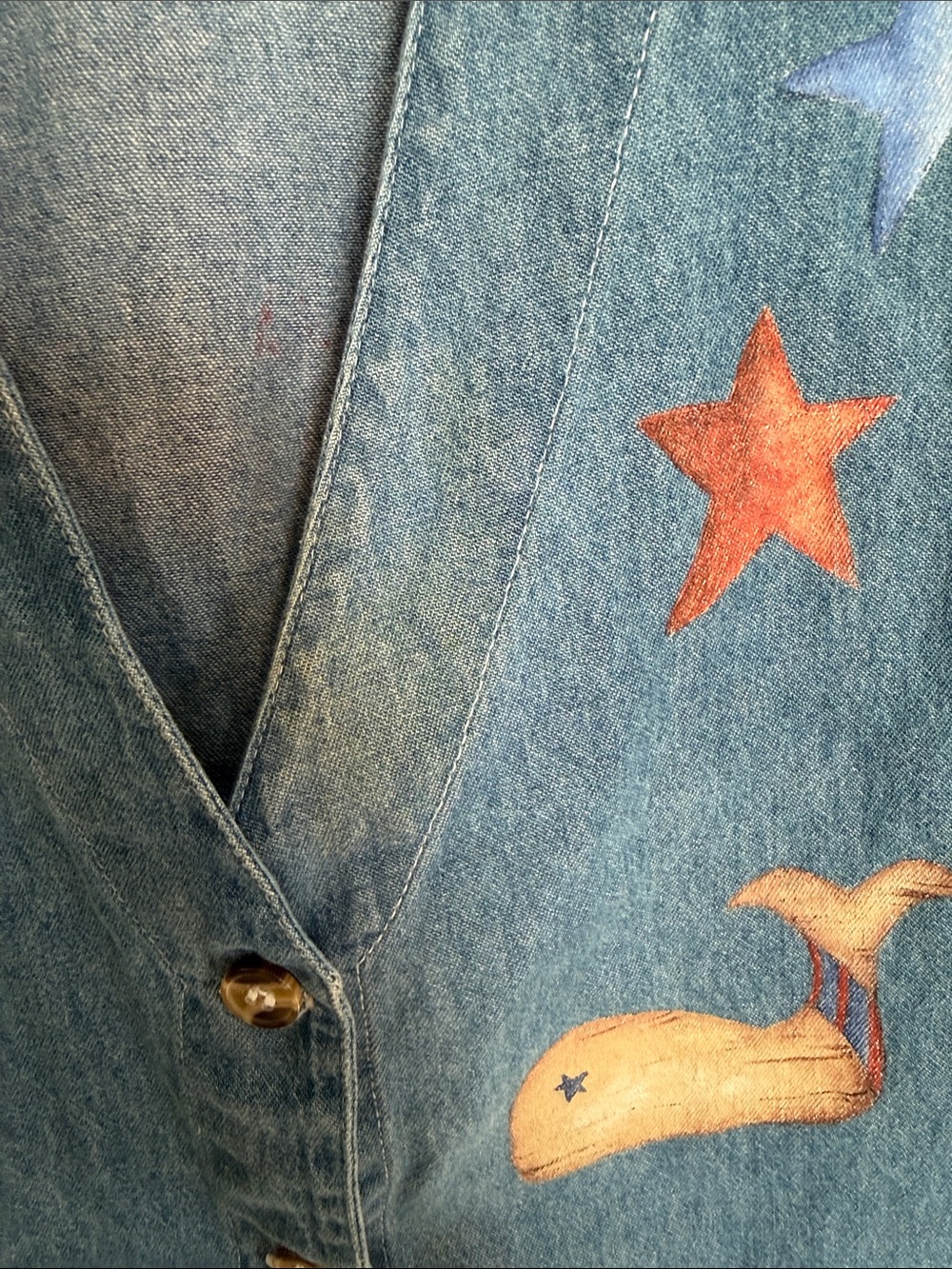 Vintage Blue Diamond Hand Painted Nautical Denim Vest Lighthouse Whale Small - Picture 3 of 6